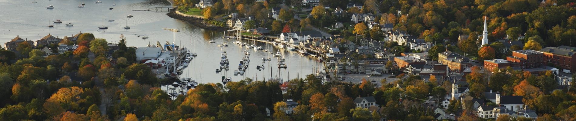 Overhead view of Camden Harbor in the Fall