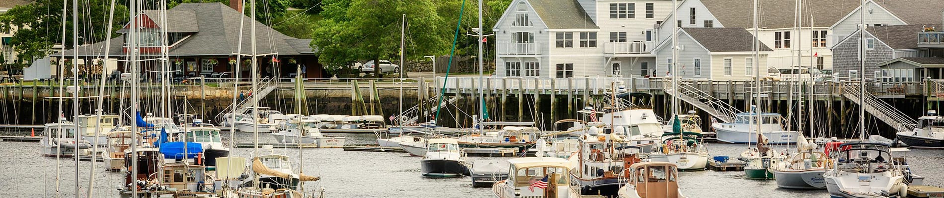 Camden Harbor in the summer with boats