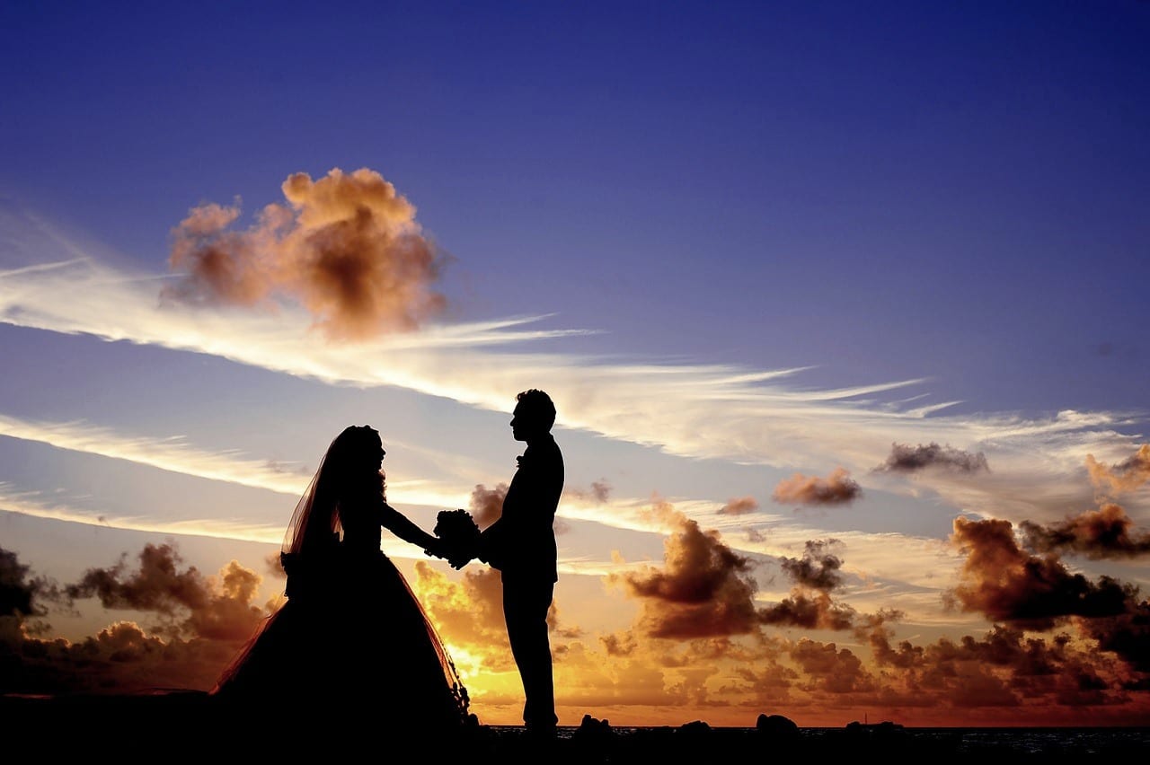 Bride and Groom outdoors at dusk