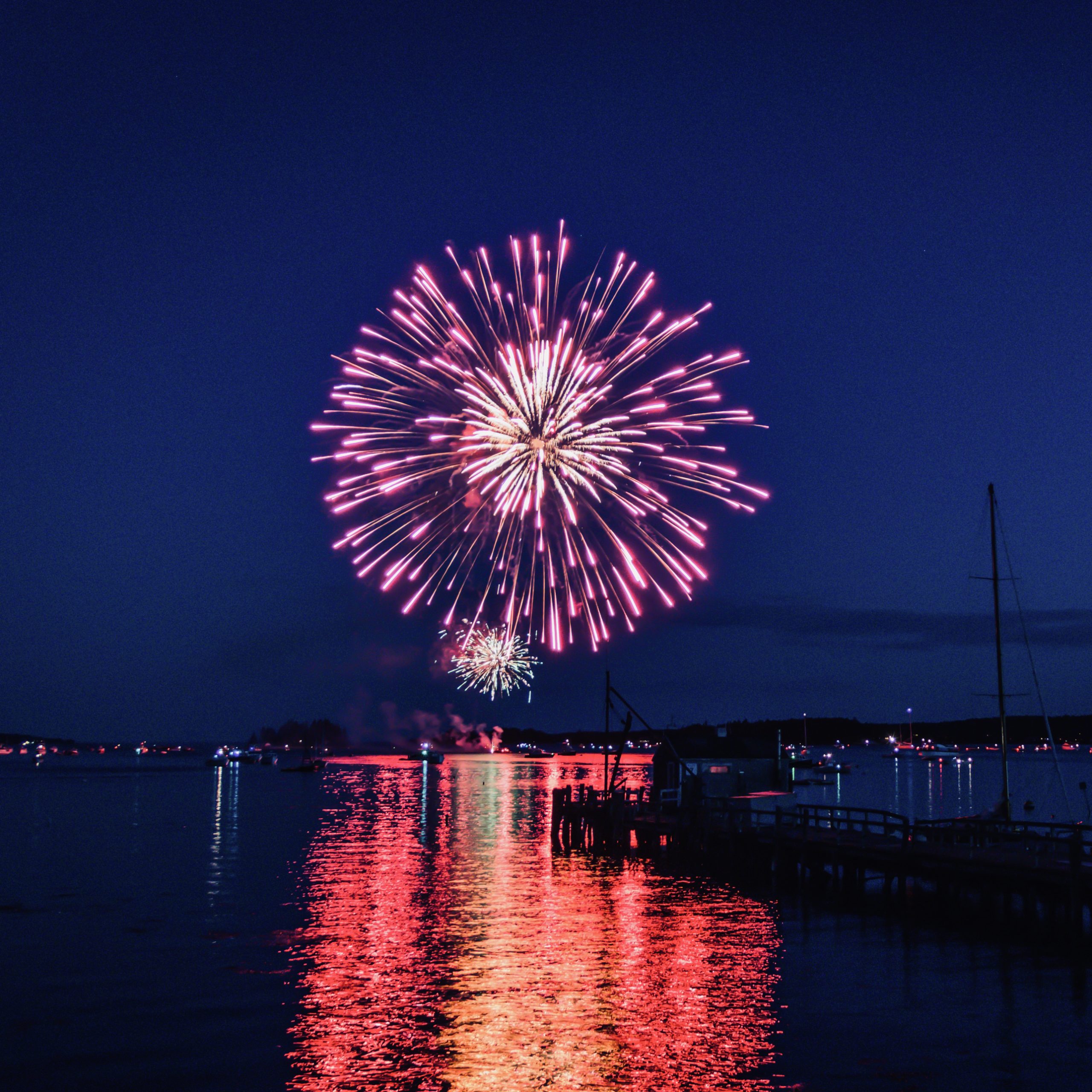 Fireworks in Camden Harbor Maine from Camden Harbour Inn's porch